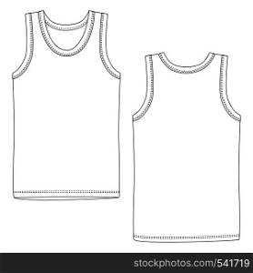 Men vest underwear. White tank top in front and back views. Blank templates of t-shirt. Isolated sleeveless male sport shirts or men top apparel. Casual style.. Men vest underwear. White tank top in front and back views. Blank templates of t-shirt.