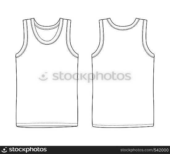 Men vest underwear. White tank top in front and back views. Isolated sleeveless male sport shirts or men top apparel. Blank templates of t-shirt. Casual style.. Men vest underwear. White tank top in front