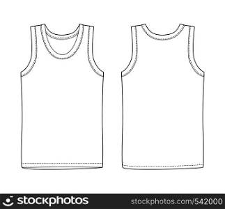 Men vest underwear. White tank top in front and back views. Isolated sleeveless male sport shirts or men top apparel. Blank templates of t-shirt. Casual style.. Men vest underwear. White tank top in front
