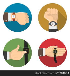 Men Watches 4 Round Flat Icons. Men watches types 4 flat round icons collection of mechanical smart electronic and classic wristwatches isolated vector illustration