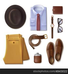 Men Wear Concept . Men wear lay concept with clothes and accessories cartoon isolated vector illustration