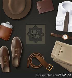 Men Wear Must Have Concept . Men wear must have concept with leather belt and hat on dark background cartoon isolated vector illustration