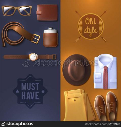 Men Wear Vertical Banners Set . Men wear vertical banners set with old style symbols cartoon isolated vector illustration