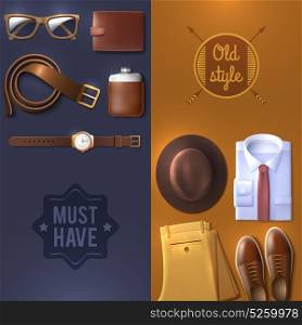 Men Wear Vertical Banners Set . Men wear vertical banners set with old style symbols cartoon isolated vector illustration