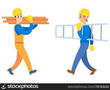 Men wearing helmet and working clothes, builder side and full length view holding logs and stairs, smiling foreman character with building equipment vector. Workers Holding Logs and Stairs, Building Vector