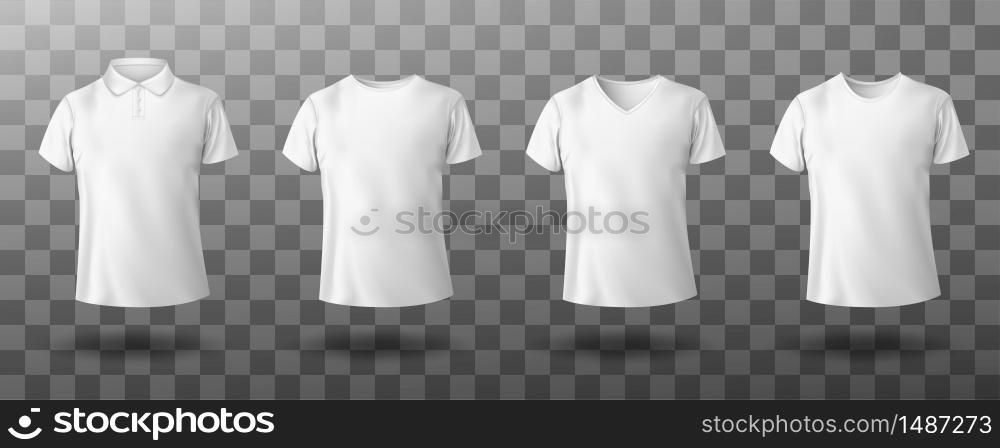 Men white polo and t-shirt round crew, v-neck front view. Vector realistic mockup of male blank t-shirt with collar and short sleeves, sport or casual apparel isolated on transparent background. Realistic mockup of male white polo shirt