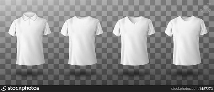 Men white polo and t-shirt round crew, v-neck front view. Vector realistic mockup of male blank t-shirt with collar and short sleeves, sport or casual apparel isolated on transparent background. Realistic mockup of male white polo shirt