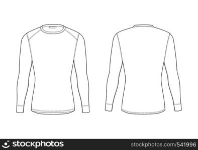 Men winter thermal underwear. Blank templates of long sleeve t-shirt. Isolated male sport rash guard apparel. Front and back views. Sample technical illustration.. Men winter thermal underwear. Blank templates of long sleeve t-shirt.