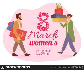 Men with gift boxes in their hands. Young guys are carrying presents on white background. Male character in store are prepairing for the March 8. Celebrating the International Women s Day concept. Men are prepairing for International Women s Day. Guys to boxes with gifts before the holiday