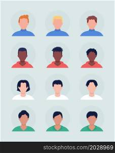 Men with hairstyles semi flat color vector character avatar set. Casual style. Portrait from front view. Isolated modern cartoon style illustration for graphic design and animation pack. Men with hairstyles semi flat color vector character avatar set