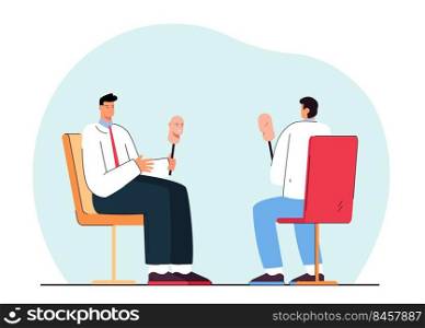 Men with masks sitting opposite each other. Flat vector illustration. People hiding their faces, revealing truth to each other by removing their masks. Truth, deception, fake, dishonesty concept