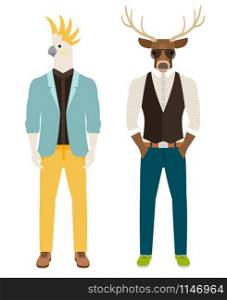 Men with the heads of parrot and deer in casual clothes. Antropomorphic vector icons set. Men with parrot and deer heads