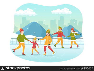 Men, Women and Kids Skating on Ice Rink Wearing Winter Clothes for Outdoor Activity in Flat Cartoon Hand Drawn Templates Illustration