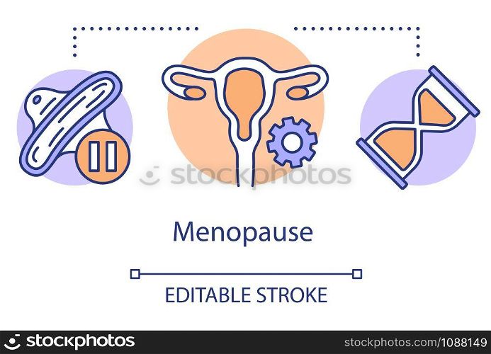 Menopause concept icon. Climacteric idea thin line illustration. Menstrual cycle, fertility, gynecology. Reproductive system. Hygiene product. Vector isolated outline drawing. Editable stroke