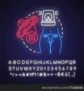 Menopause neon light concept icon. Climacteric idea. Fertility, women health, gynecology. Menstrual hygiene products. Glowing sign with alphabet, numbers and symbols. Vector isolated illustration