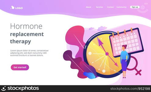 Menopause woman standing at her biological clock measuring age and calendar. Menopause, women climacteric, hormone replacement therapy concept. Website vibrant violet landing web page template.. Menopause concept landing page.