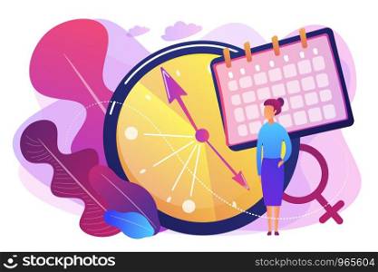 Menopause woman standing at her biological clock measuring age and calendar. Menopause, women climacteric, hormone replacement therapy concept. Bright vibrant violet vector isolated illustration. Menopause concept vector illustration.