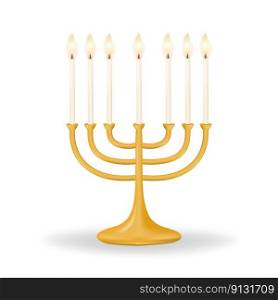 Menorah featuring seven candles on a clean white background. Illuminate your celebration with a stunning gold Menorah featuring seven candles. Perfect for your Passover designs. Vector illustration. . Menorah featuring seven candles on white