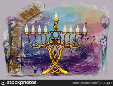 menorah with candles on abstract multicolor grunge background