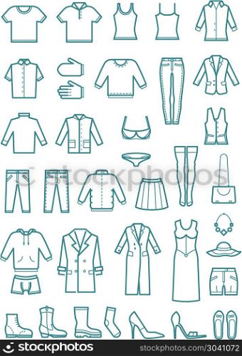 Mens and womens clothes thin line vector icons. Mens and womens clothes thin line vector icons. Shoes and skirt, jeans and fashion garment illustration