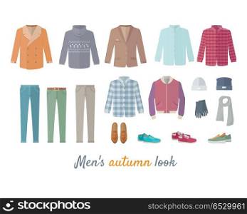 Mens Autumn Look Apparel Set. Clothing. Outerwear.. Mens autumn look apparel set. Men s clothing. Outerwear. Mens look, shoes, accessories. Autumn winter collection. Stylish fashionable clothes. Best world brands trends. Vector in flat style design