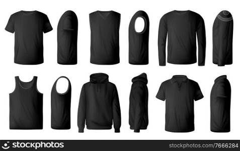 Mens black t-shirt, pullover and hoodie realistic mockup. Polo collar and crew neck t-shirts, singlet, sleeveless pullover and sweatshirt front, side view 3d vector. Modern men casual clothing mock-up. Mens t-shirt, pullover and hoodie realistic mockup