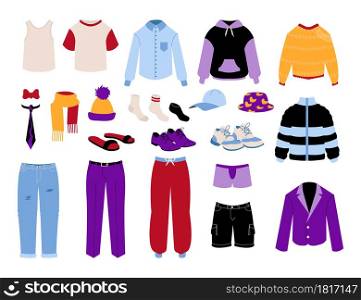 Mens clothing. Cartoon business and casual garments. Colorful pants and shirts. Isolated pullover or jackets. Male shoes. Socks and hats. Everyday clothes of adult man. Vector seasonal outfit set. Mens clothing. Cartoon business and casual garments. Colorful pants and shirts. Pullover or jackets. Male shoes. Socks and hats. Everyday clothes of man. Vector seasonal outfit set