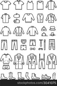 Mens clothing, male fashion line vector icons set. Mens clothing, male fashion line vector icons set. Man cloth, shoes and coat, hat and underwear illustration