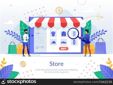 Mens Clothing Online Store Flat Vector Banner Template with Male Clients, Shop Customers, Searching, Choosing and Purchasing Goods in Internet Illustration. Men Buying Fashionable Clothes Online