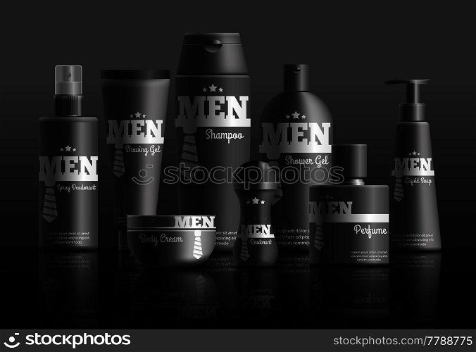 Mens cosmetic series in black containers with brand identity realistic composition on dark background vector illustration. Mens Cosmetic Series Realistic Composition