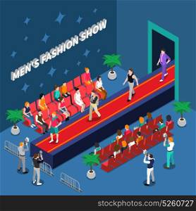 Mens Fashion Show Isometric Illustration. Mens fashion show with models on red walkway spectators and media with cameras isometric vector illustration