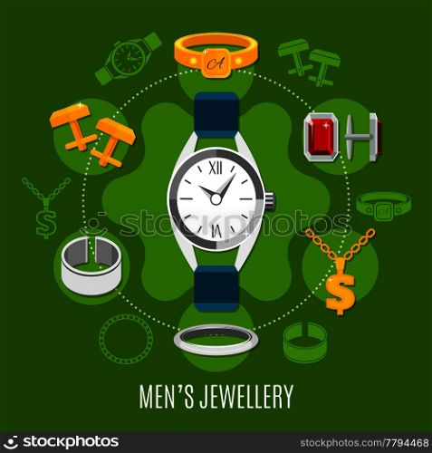 Mens jewelry round composition with hand watches, gold and silver studs, rings on green background vector illustration. Mens Jewelry Round Composition