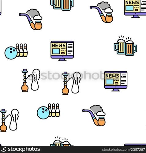 Mens Leisure Time Collection Icons Set Vector. Video Games Phone App And Watch Movie, Smoke Hookah And Pipe, Drink Beer And Play Cards Mens Leisure Black Contour Illustrations. Mens Leisure Time Collection Icons Set Vector