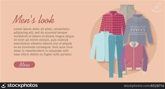 Mens Look Web Banner. Card with Trendy Clothes. Men s look web banner. Card with trendy men s clothes with jacket, jeans, trousers, sweater, shirt, cardigan. Add your text. Fashionable clothes for man. Autumn winter collection. Vector illustration
