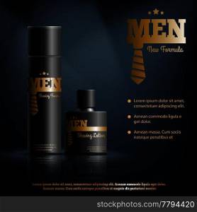 Mens shaving cosmetics realistic composition with foam and lotion, golden brand identity on dark background vector illustration. Mens Shaving Cosmetics Realistic Composition