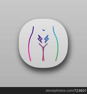 Menstrual cramps and pain app icon. Lower abdominal acute pain in women. Strangury. Infertility. Uterus, ovary disorders. UI/UX user interface. Web or mobile application. Vector isolated illustration. Menstrual cramps and pain app icon