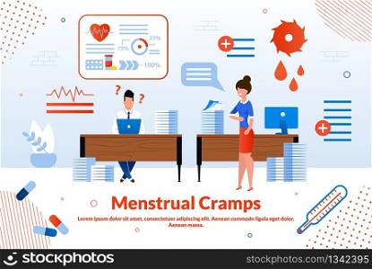 Menstrual Cramps, Woman Reproductive Health, Gynecological Disease Trendy Flat Vector Vector Banner, Poster. Woman Suffering from Painful Feelings in Abdomen During Menstruation Period Illustration