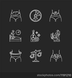 Menstrual cycle chalk icons set. Predmenstrual syndrome. Bloating. Sleep deprivation. Aromatherapy. Diarrhea, stomach ache. Hormone imbalance. Overweight. Isolated vector chalkboard illustrations