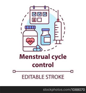 Menstrual cycle control concept icon. Hormone therapy idea thin line illustration. Women healthcare. Female reproductive system, fertility. Vector isolated outline drawing. Editable stroke