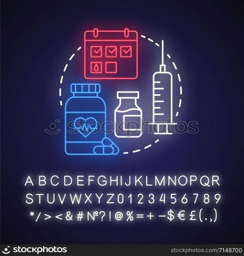 Menstrual cycle control neon light concept icon. Hormone therapy idea. Women healthcare. Reproductive system, fertility. Glowing sign with alphabet, numbers and symbols. Vector isolated illustration