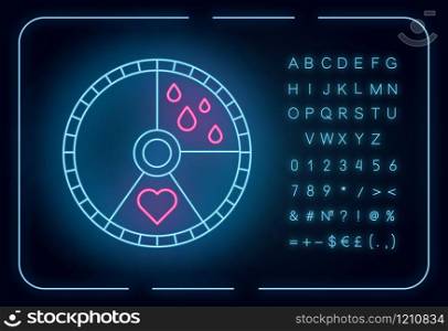 Menstrual cycle neon light icon. Menstruation days tracking. Gynecology calendar. Reproductive system schedule. Glowing sign with alphabet, numbers and symbols. Vector isolated illustration