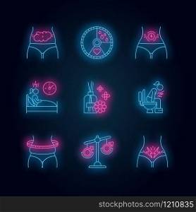 Menstrual cycle neon light icons set. Predmenstrual syndrome. Bloating, abdominal pain. Sleep deprivation. Aromatherapy. Hormone imbalance. Overweight. Glowing signs. Vector isolated illustrations