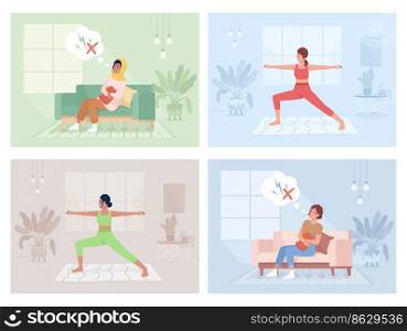 Menstrual pain and sports activity flat color vector illustrations set. Ways to relieve cramps during period. Fully editable 2D simple cartoon characters with home interior on background. Menstrual pain and sports activity flat color vector illustrations set
