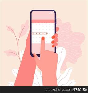 Menstruation cycle. Hands hold woman periods calendar. Menstrual phone application, ovulation check. Vector female health illustration. Female control planning menstrual application. Menstruation cycle. Hands hold woman periods calendar. Menstrual phone application, ovulation check. Vector female health illustration
