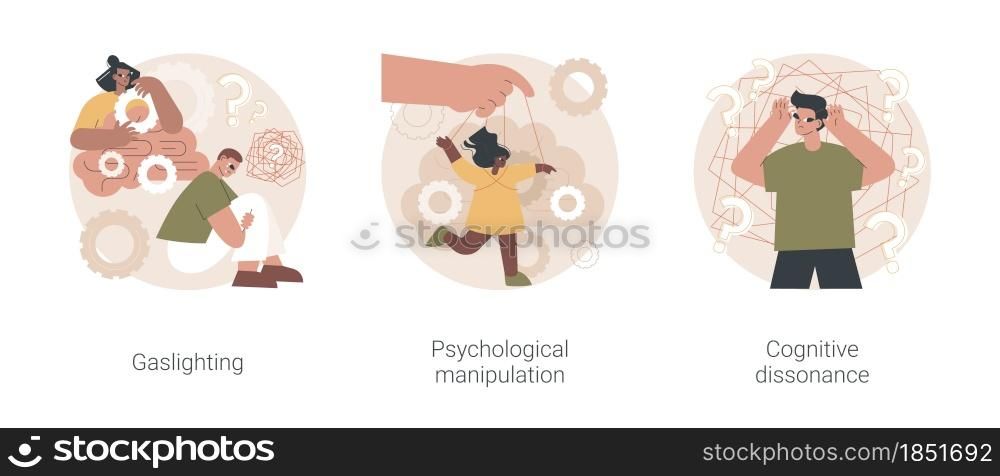 Mental abuse abstract concept vector illustration set. Gaslighting, psychological manipulation, cognitive dissonance, emotional blackmailing, social engineering, missing out abstract metaphor.. Mental abuse abstract concept vector illustrations.