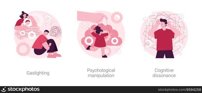 Mental abuse abstract concept vector illustration set. Gaslighting, psychological manipulation, cognitive dissonance, emotional blackmailing, social engineering, missing out abstract metaphor.. Mental abuse abstract concept vector illustrations.