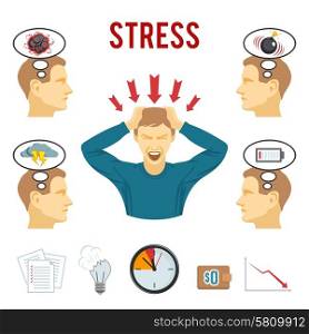 Mental disorder and stress icons set. Mental health disorders and work related stress anxiety and depression symptoms icons set abstract isolated vector illustration