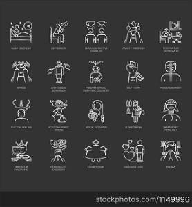 Mental disorder chalk icons set. Depression and anxiety. Self-harm, suicidal feeling. Postpartum stress. Phobia. PTSD, PMS. Psychiatric issues, psychology. Isolated vector chalkboard illustrations