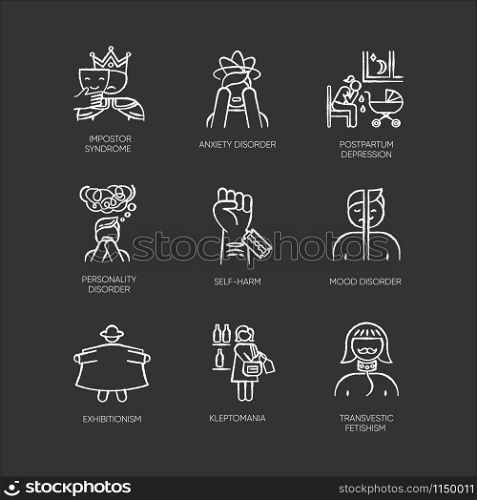 Mental disorder chalk icons set. Impostor syndrome. Anxiety. Postpartum depression. Personality disorder. Self-harm. Exhibitionism. Kleptomania. Fetishism. Isolated vector chalkboard illustrations