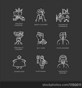 Mental disorder chalk icons set. Impostor syndrome. Anxiety. Postpartum depression. Personality disorder. Self-harm. Exhibitionism. Kleptomania. Fetishism. Isolated vector chalkboard illustrations